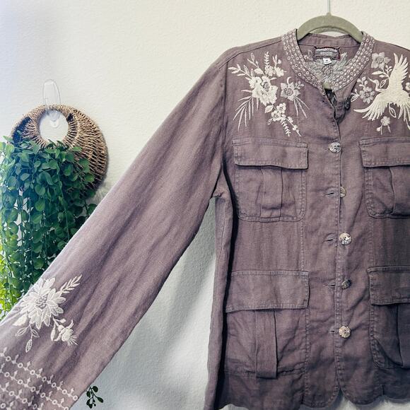 Johnny Was Workshop Oleander Linen Jacket Grey Safari Embroidered Women Medium - Picture 9 of 16